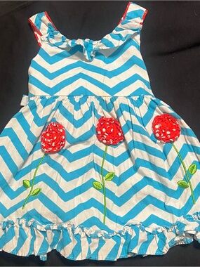 Bonnie Baby Blue & White Chevron Sundress with Red Floral Appliqués 12months